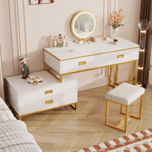 Modern Style Vanity Table With Movable Side Cabinet And 4-Drawers, Large Size Dressing Table With Mirror and 3-colors LED Light, Makeup Table With Stool, White, Golden Legs