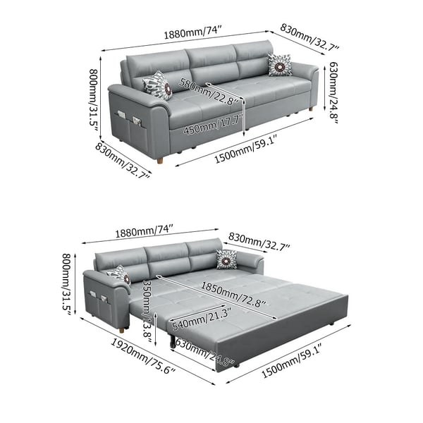 74 Inches Light Gray Full Sleeper Convertible Sofa with Storage & Pockets Sofa Bed