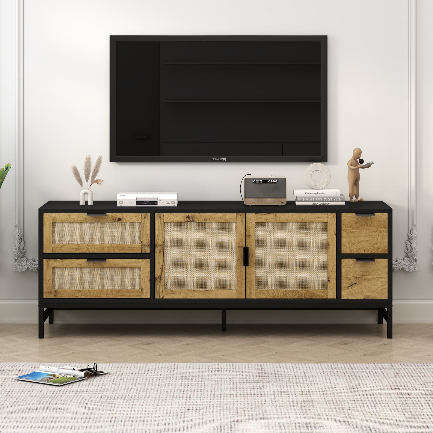 ON-TREND Meuble TV élégant en rotin pour téléviseurs jusqu'à 65", console multimédia de style bohème avec étagères réglables, table console TV élégante avec surface grain de bois pour le salon, gris acier