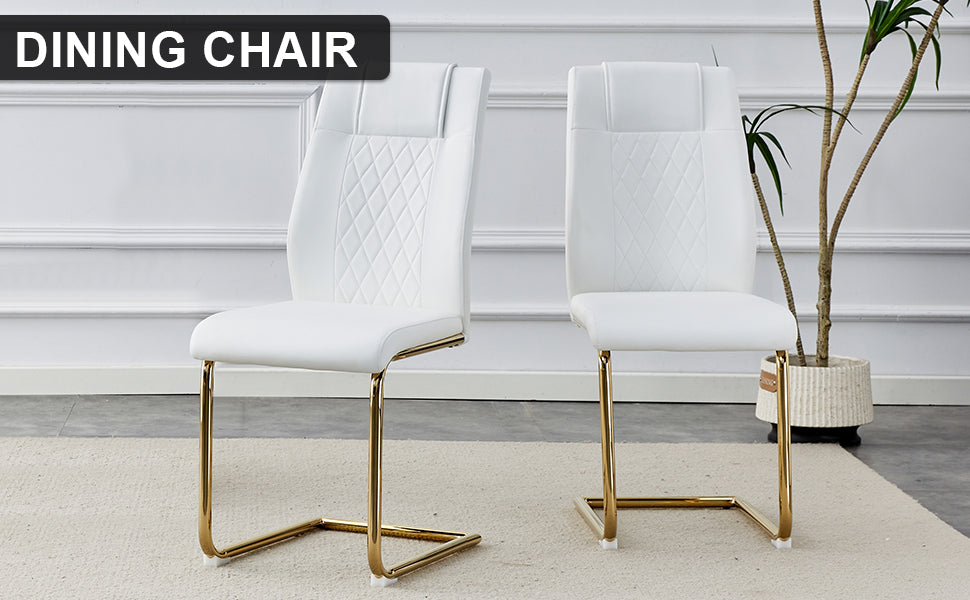 Elegant Golden Leg Cushioned Artificial Leather Dining Chairs Set of 4 (White + PU)