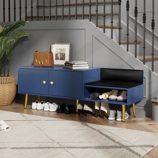 TREXM Modern Shoe Storage Bench with Hidden Storage and Upholstered Cushions for Bedside, Living Room and Entryway (Navy)