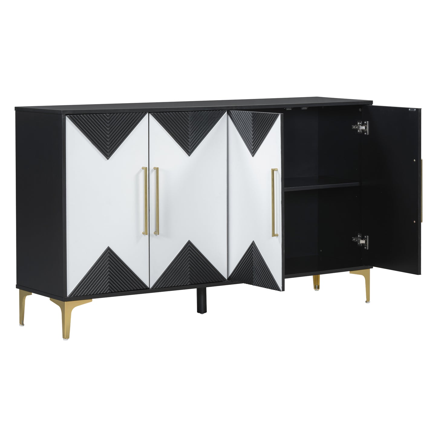 Unique Features of a Four-Door Cabinet with Two-Tone Triangular Pattern Doors, Suitable For Entryway, Hallway, Living Room