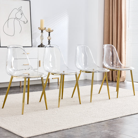 Modern Transparent Dining Chairs - Set of 4 Armless Crystal Chairs with Golden Plating Metal Legs