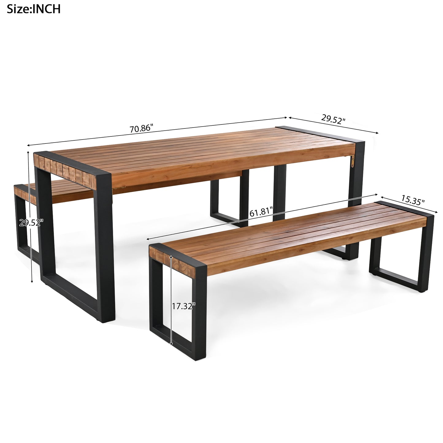 3-Piece Outdoor Dining Set: Acacia Wood Table & 2 Benches with Unique Texture, Durable Steel Frame for All-Weather Use