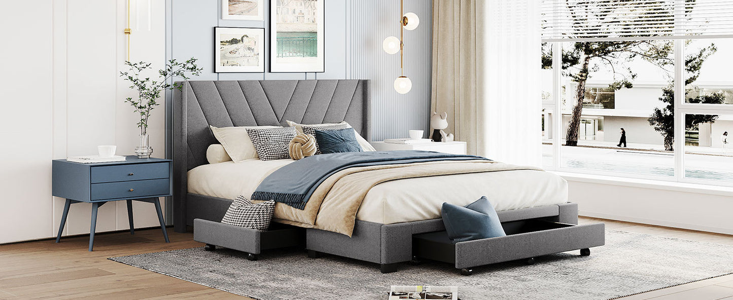 Queen Size Storage Bed Linen Upholstered Platform Bed with 3 Drawers (Gray)