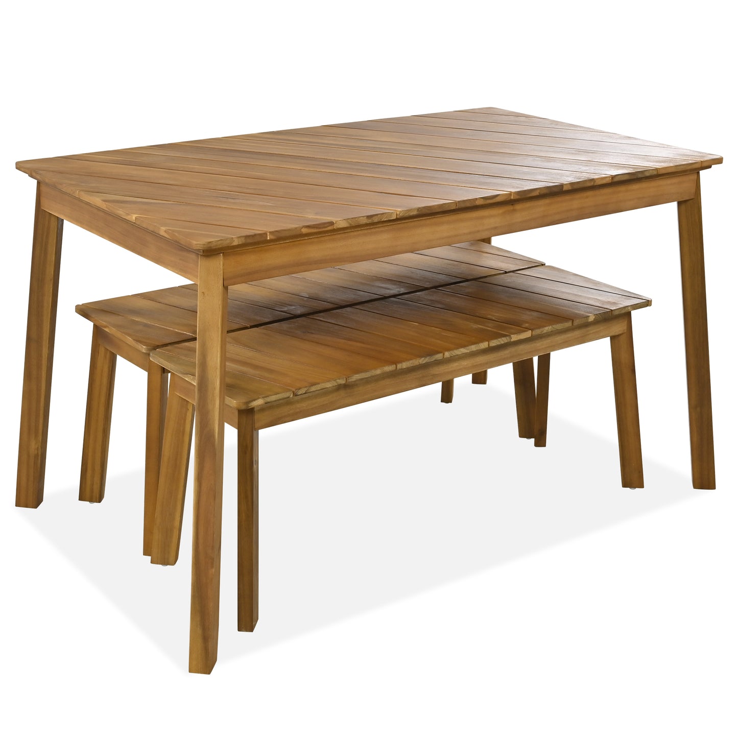 GO Ensemble de salle à manger 3 pièces en bois d'acacia pour mobilier d'extérieur et d'intérieur avec 2 bancs, table de pique-nique à bière pour terrasse, porche, jardin, bord de piscine, naturel