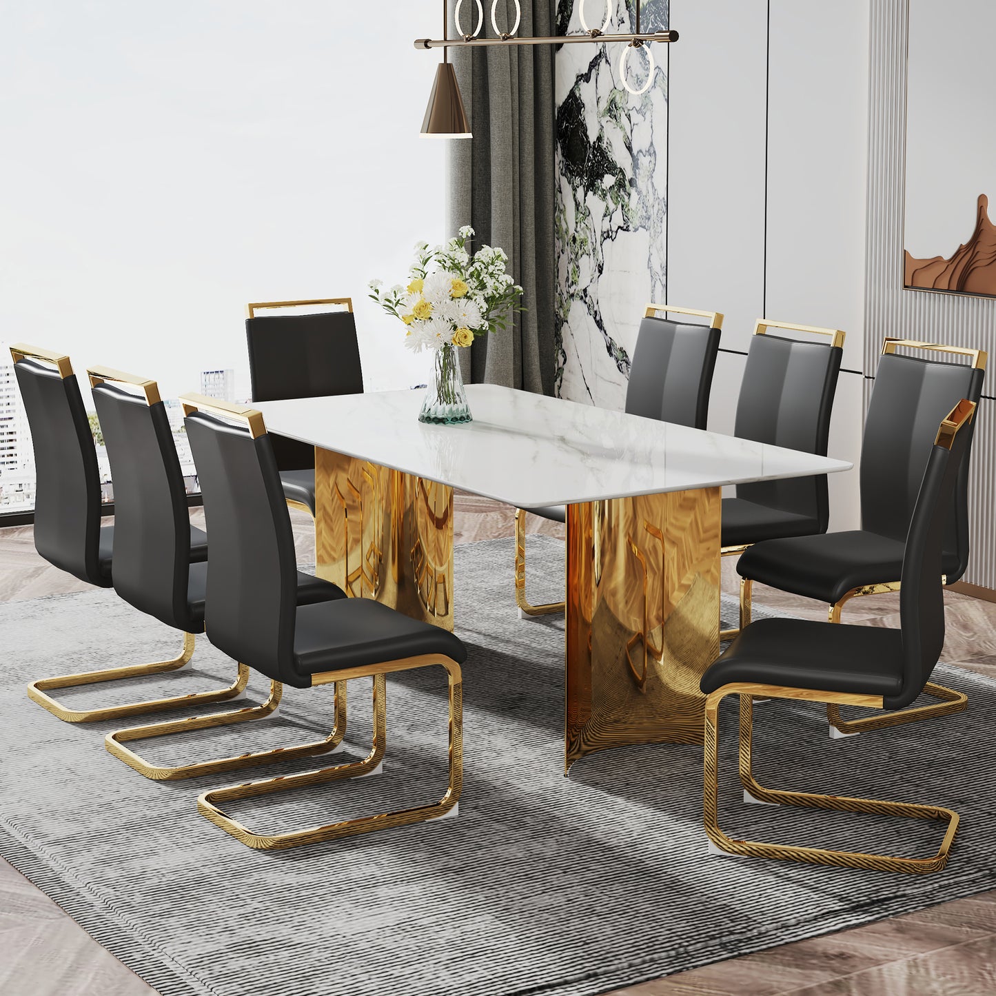 Stylish 71" Minimalist Dining Table with White Imitation Marble Glass Surface and Gold Metal Legs - Ideal for Dining Areas and Living Spaces