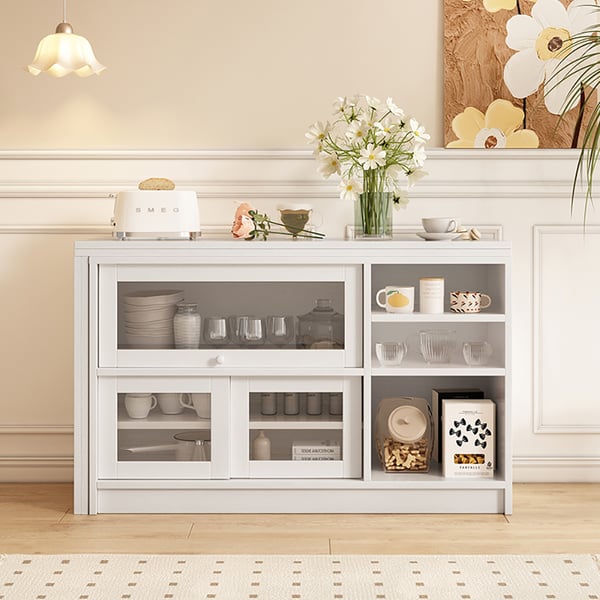 White Storage Sideboard Cabinet Extendable Wood Buffet Foldable Dining Table