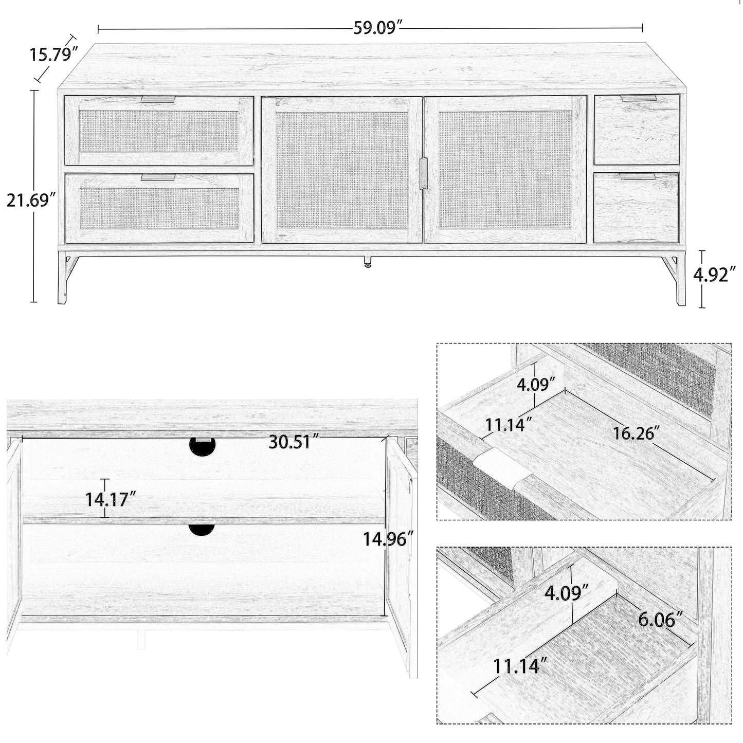 ON-TREND Meuble TV élégant en rotin pour téléviseurs jusqu'à 65", console multimédia de style bohème avec étagères réglables, table console TV élégante avec surface grain de bois pour le salon, gris acier