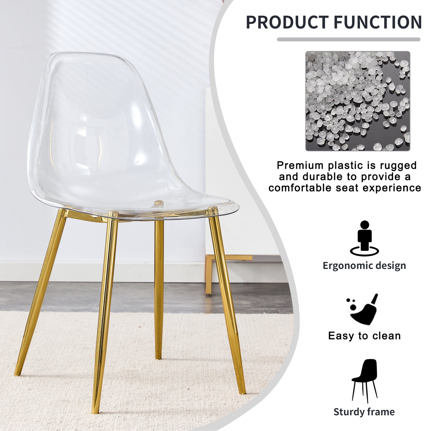 Modern Transparent Dining Chairs - Set of 4 Armless Crystal Chairs with Golden Plating Metal Legs