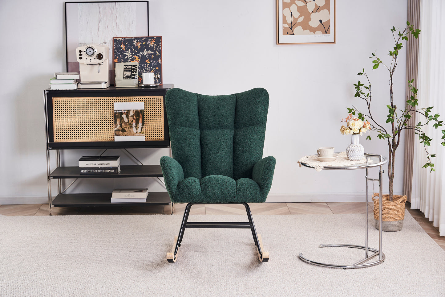 Chaise à bascule pour chambre d'enfant, chaise de lecture avec pieds en bois massif avec tissu Teddy rembourré, fauteuil de sieste pour salons, chambres, bureaux, meilleur cadeau, tissu Teddy émeraude