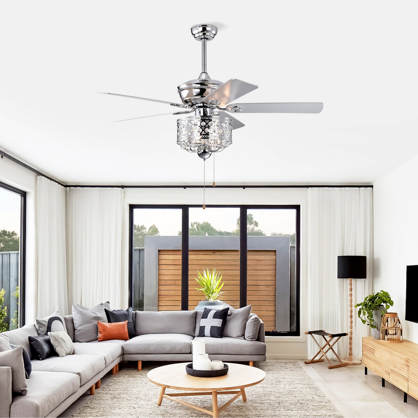 Chrome 52" Ceiling Fan with Reversible Motor - Indoor Use, Pull Chain Control (No Light Bulb)