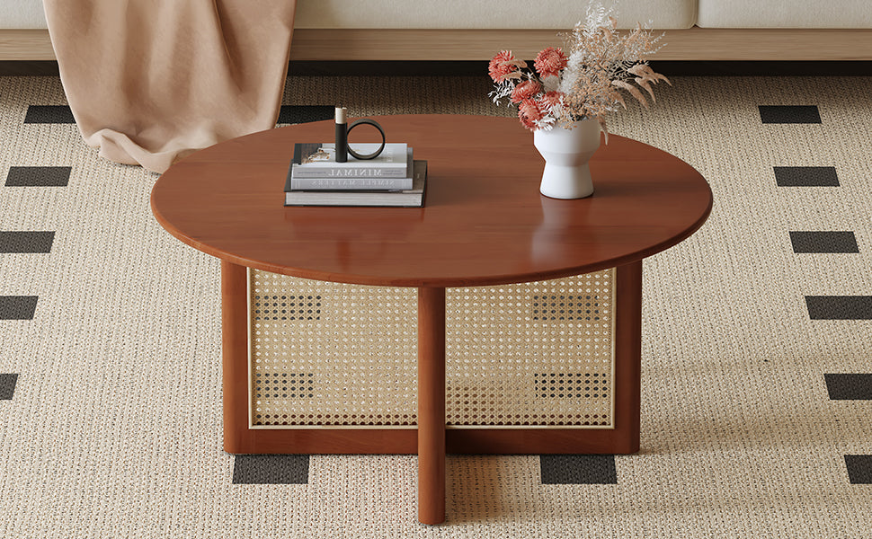 Elegant Deep Red Wooden Coffee Table with Artificial Rattan Decorations Ideal for Living Rooms and Relaxing Tea Time