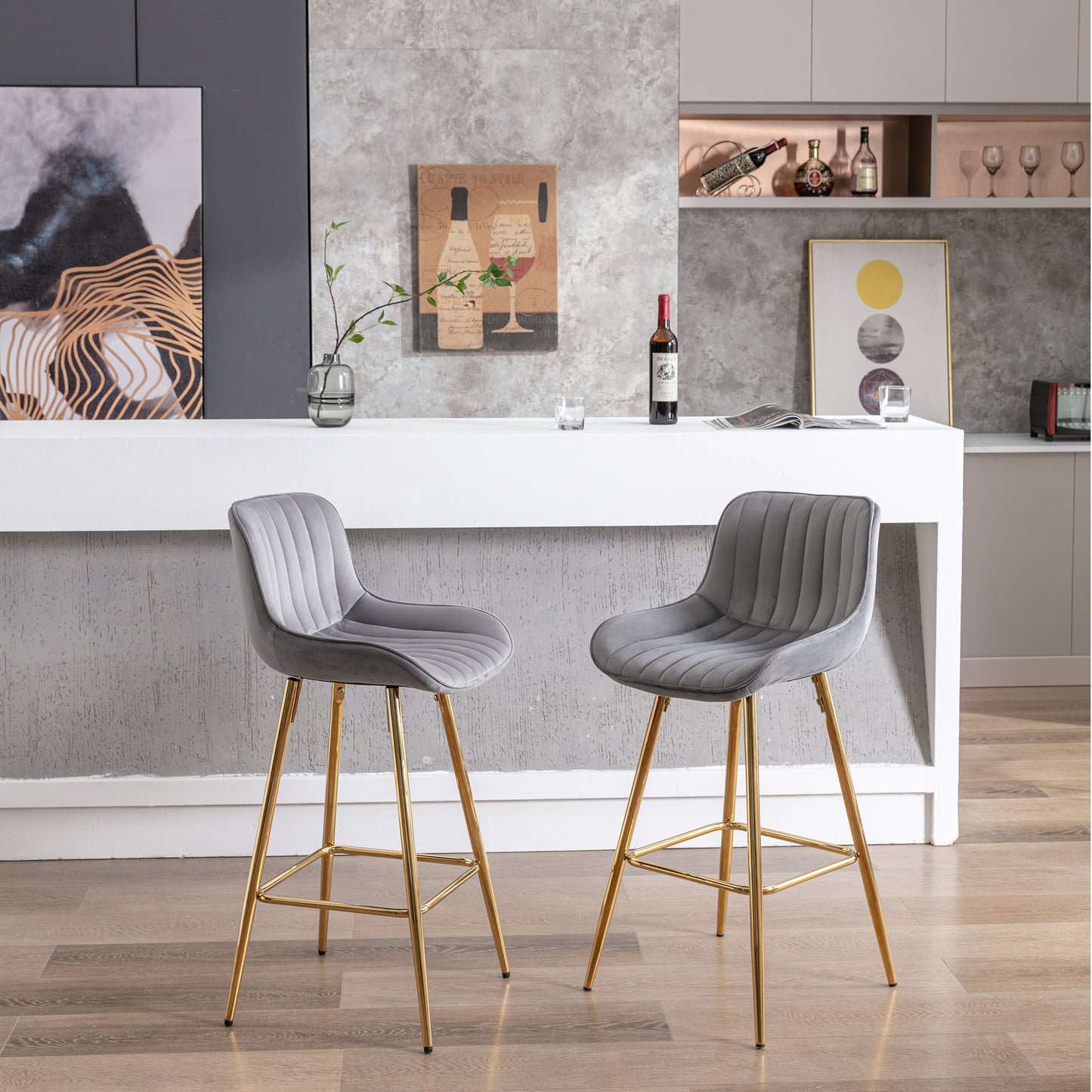 Ensemble de 2 tabourets de bar de 26 pouces, avec repose-pieds chromé, tabouret de comptoir en tissu velours, pied doré, tabouret de bar simple, gris