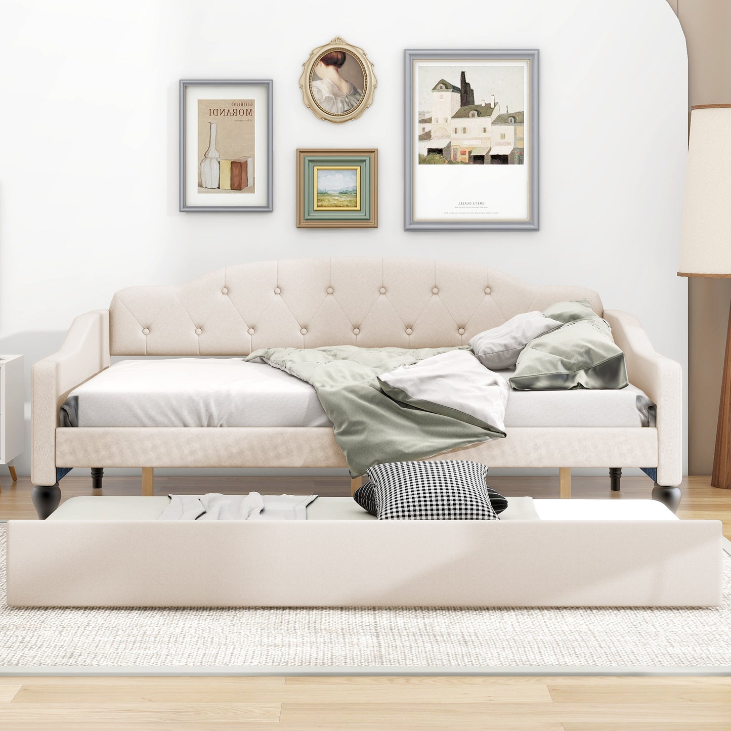 Full Size Upholstered Tufted Daybed with Twin Size Trundle, Beige