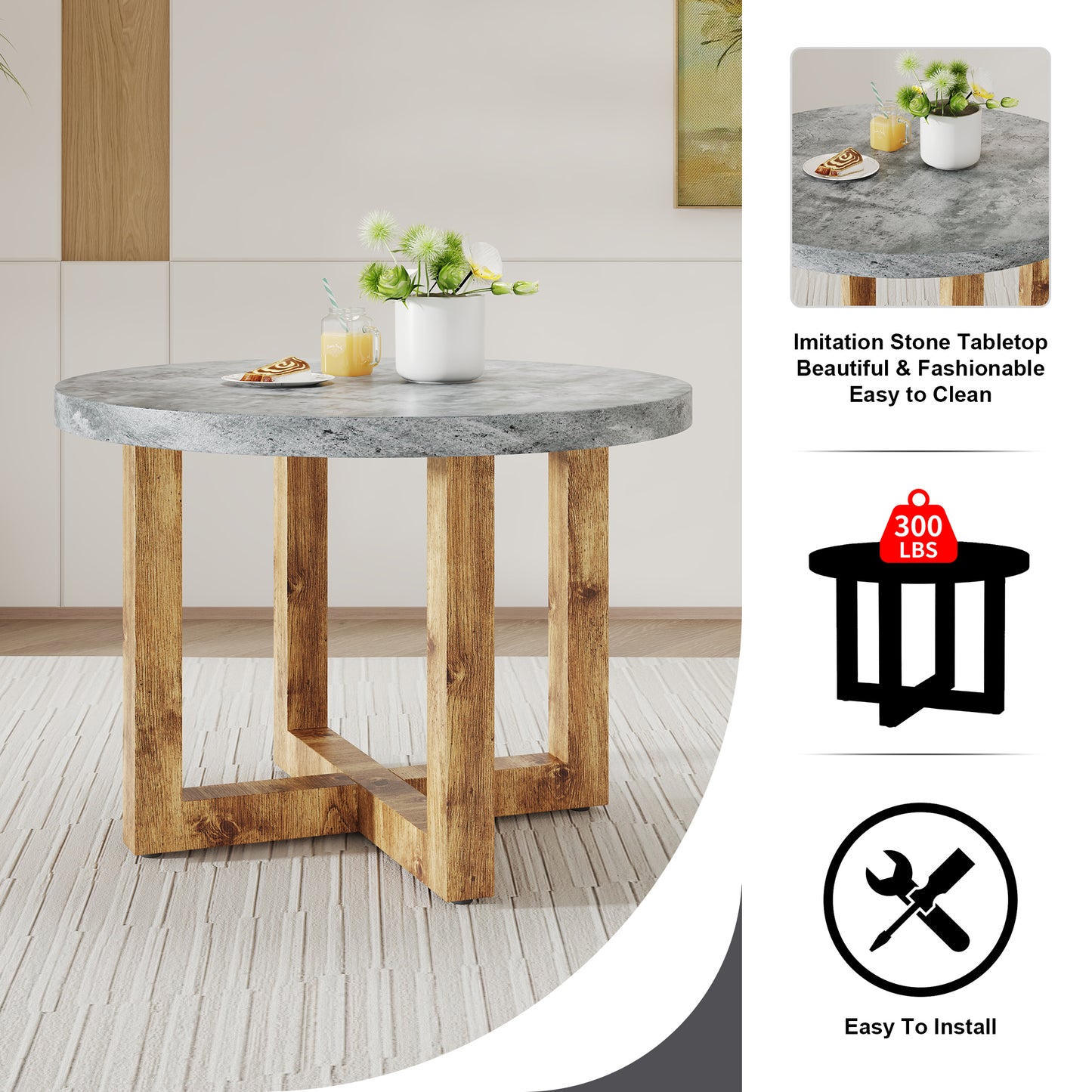 A modern and practical circular dining table. Made of MDF tabletop and wooden MDF table legs. Suitable for living room and bedroom. 42 inches * 42 inches * 30 inches