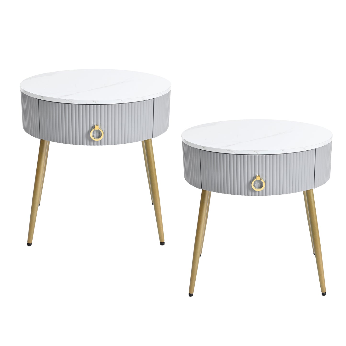 ON-TREND Φ19.6'' Easy Assembly End Tables with High Gloss Faux Marble Tabletops, Set of 2, Modern Fluted 2 Side Tables with Drawers, Round Coffee Tables with Golden Legs for Living Room, Grey