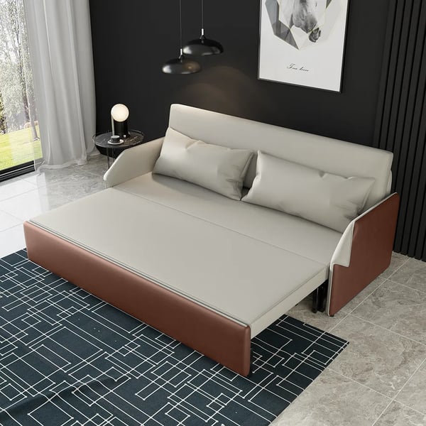 77 Inches Modern Beige & Brown Convertible Storage Full Sleeper Sofa Leath-Aire Upholstery