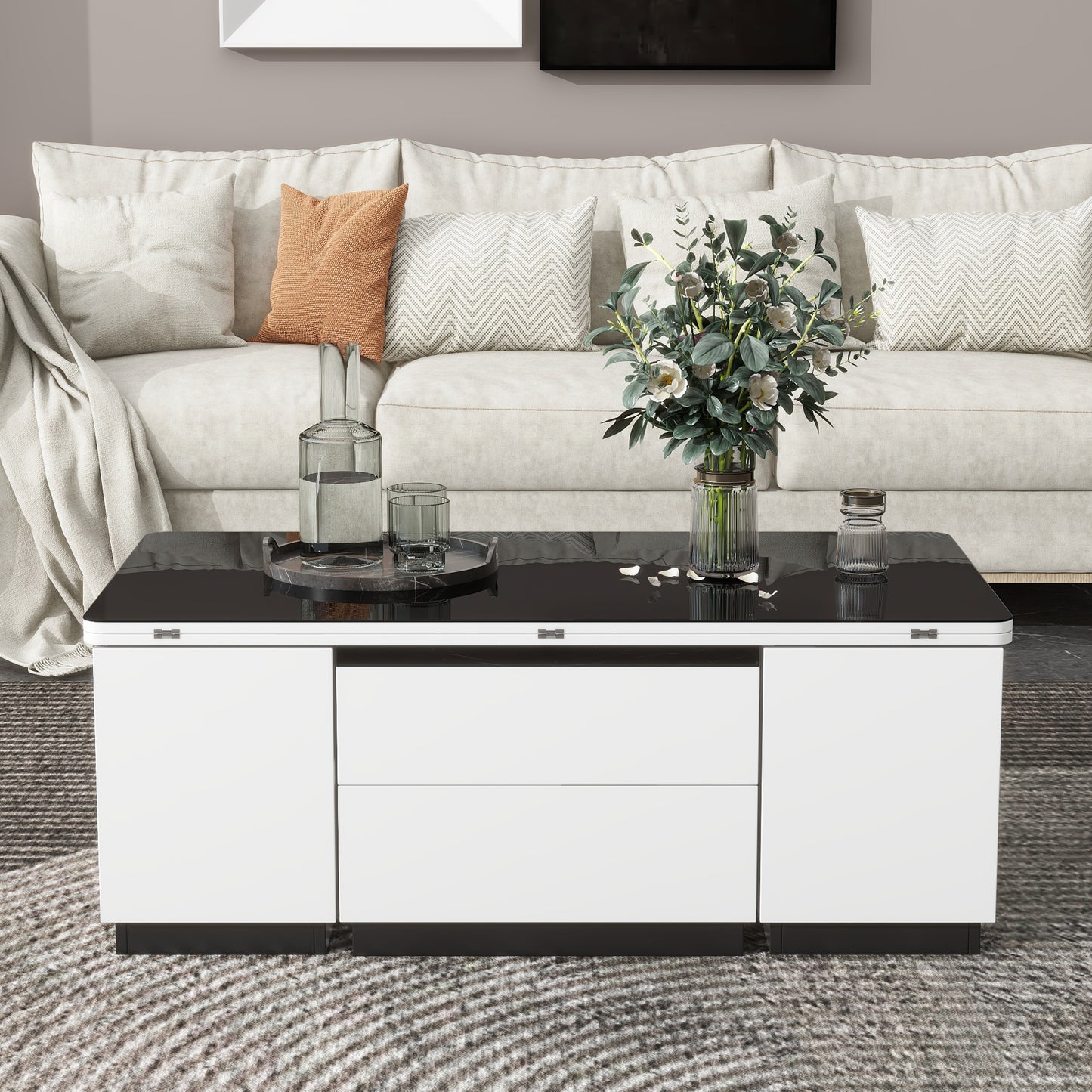 Modern White Lift Top Glass Coffee Table with Drawers & Storage Multifunction Table