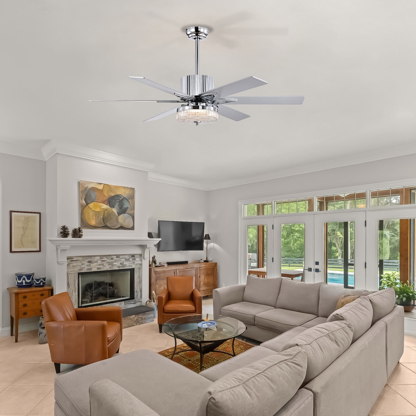 52" Modern Ceiling Fan with Remote - Chrome Finish, Wood Blades, LED Light for Living Room