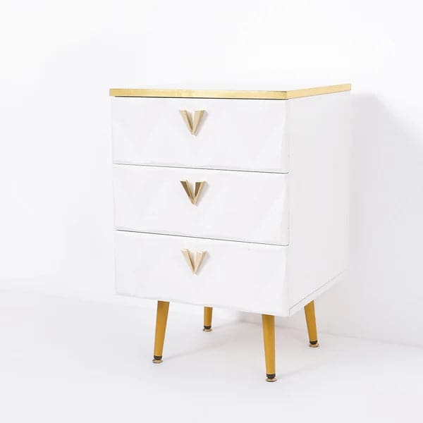 Nordic White Nightstand 3-Drawer V-Shaped Gold Pulls in Large