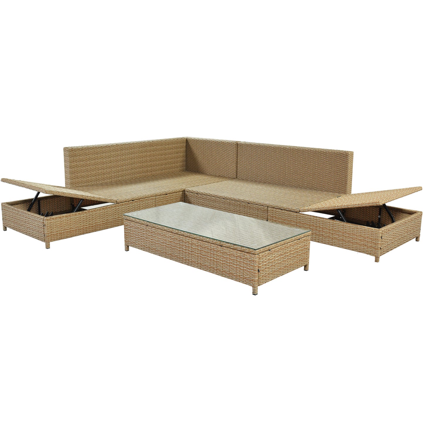 TOPMAX Ensemble de canapé 3 pièces en rotin pour patio, ensemble sectionnel en osier PE résistant aux intempéries, avec cadre de chaise longue réglable et table en verre trempé, marron naturel + coussin beige