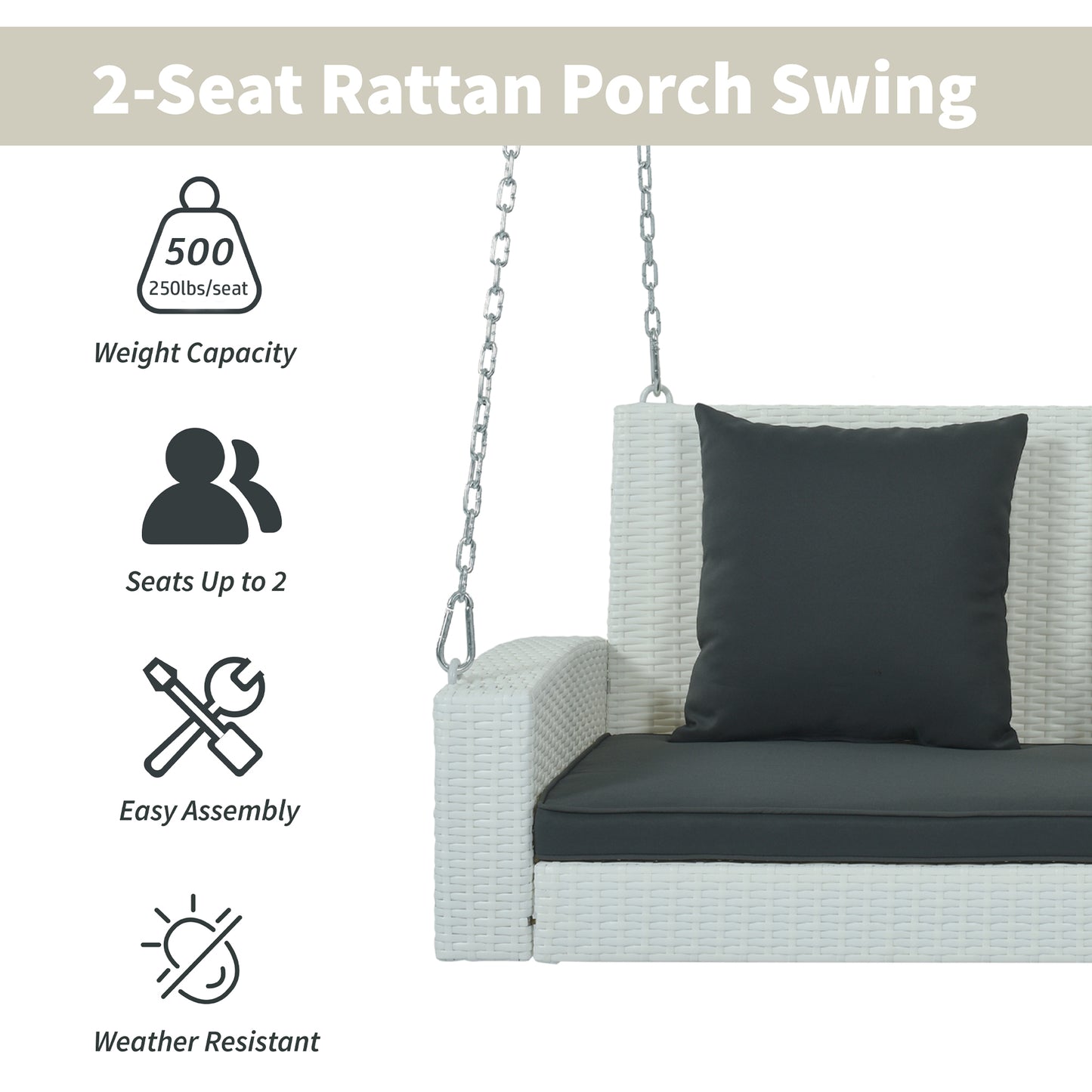 GO 2-Person Wicker Hanging Porch Swing with Chains, Cushion, Pillow, Rattan Swing Bench for Garden, Backyard, Pond. (White Wicker, Gray Cushion)