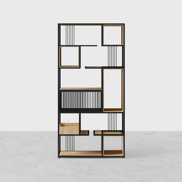 Modern Black Steel Geometric Bookcase 6-Tier Bookshelf Wooden Tall Book Shelf#B