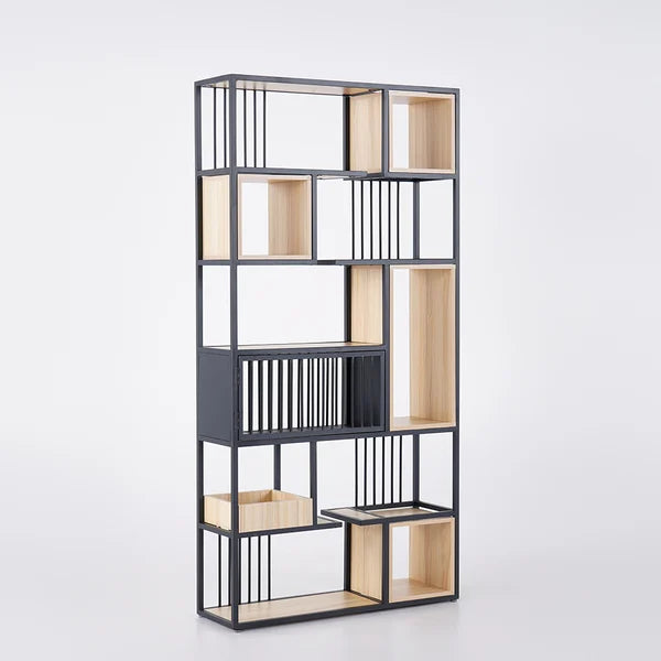 Modern Black Steel Geometric Bookcase 6-Tier Bookshelf Wooden Tall Book Shelf#B