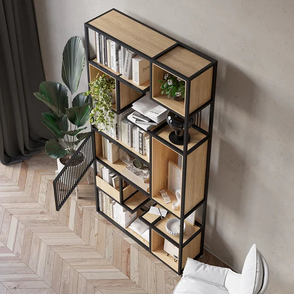 Modern Black Steel Geometric Bookcase 6-Tier Bookshelf Wooden Tall Book Shelf#B