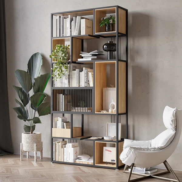 Modern Black Steel Geometric Bookcase 6-Tier Bookshelf Wooden Tall Book Shelf#B