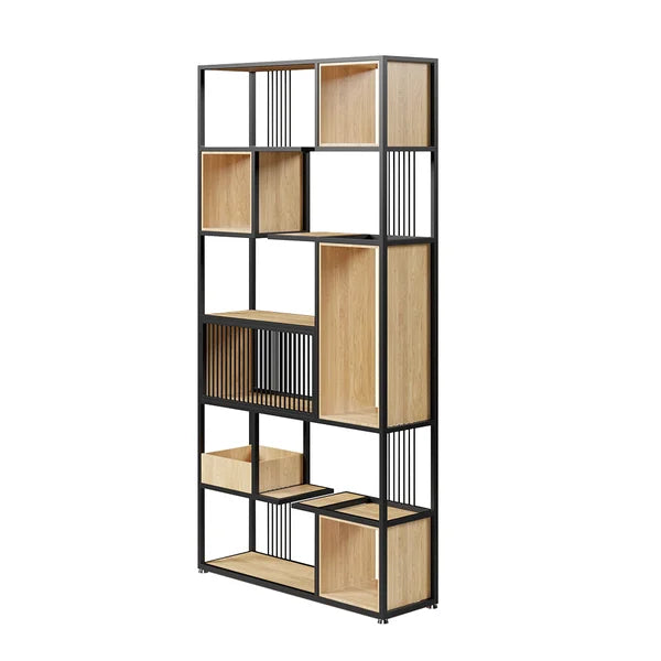 Modern Black Steel Geometric Bookcase 6-Tier Bookshelf Wooden Tall Book Shelf#B