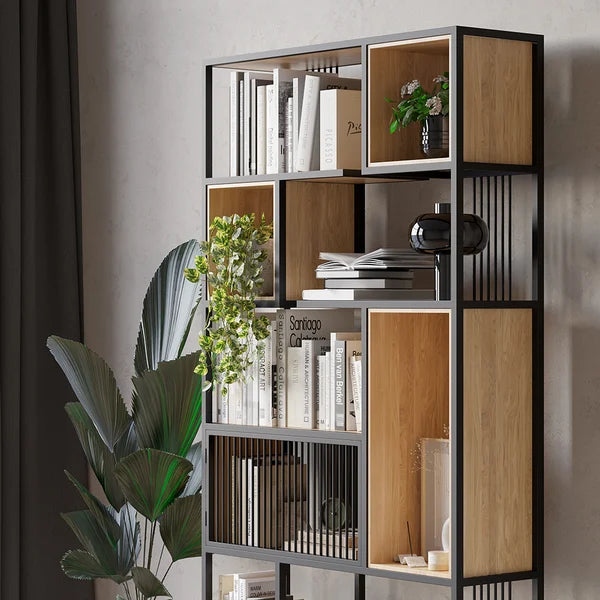 Modern Black Steel Geometric Bookcase 6-Tier Bookshelf Wooden Tall Book Shelf#B
