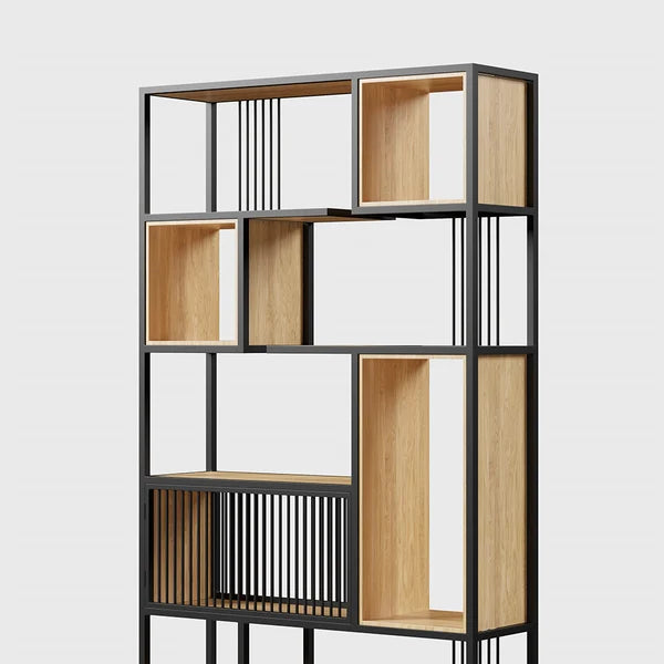 Modern Black Steel Geometric Bookcase 6-Tier Bookshelf Wooden Tall Book Shelf#B