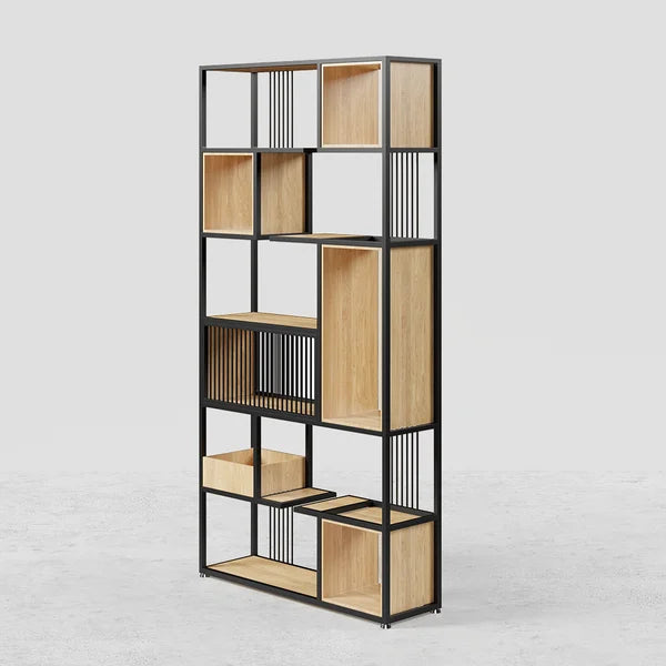 Modern Black Steel Geometric Bookcase 6-Tier Bookshelf Wooden Tall Book Shelf#B