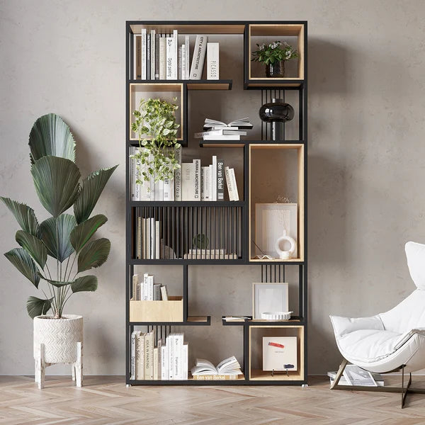 Modern Black Steel Geometric Bookcase 6-Tier Bookshelf Wooden Tall Book Shelf#B