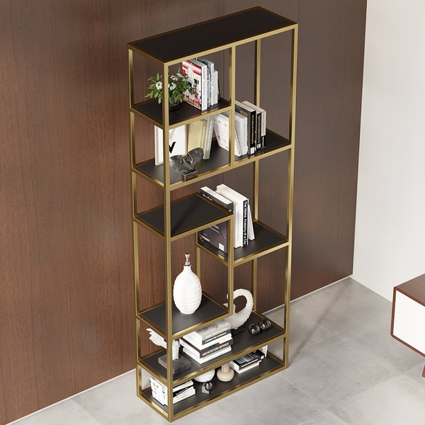 Étagère moderne noire et dorée de 78 pouces, étagère à livres haute à 8 étagères, rangement riche