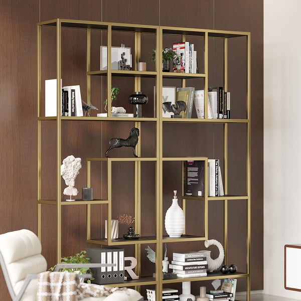 78" Modern Black & Gold Etagere Bookshelf Display 8-Shelf Tall Book Shelf Rich Storage