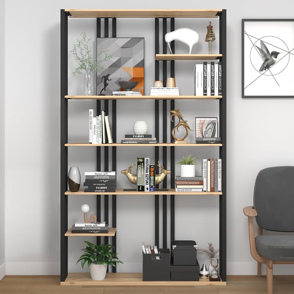 Modern Natural Etagere Bookcase 6-Tier Bookshelf Display in Black Finish