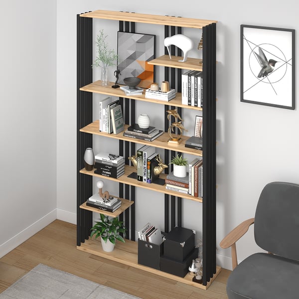 Modern Natural Etagere Bookcase 6-Tier Bookshelf Display in Black Finish