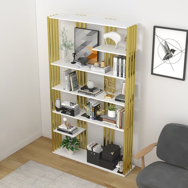 Modern Steel Etagere Bookshelf Display Shelving 6-Shelf White Tall Book Shelf