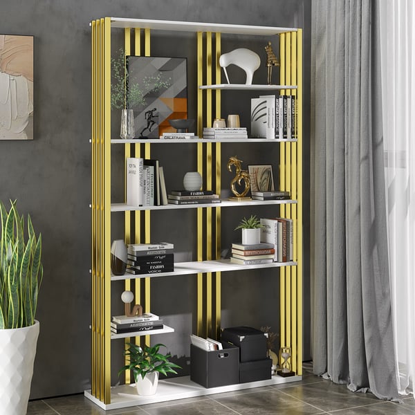 Modern Steel Etagere Bookshelf Display Shelving 6-Shelf White Tall Book Shelf