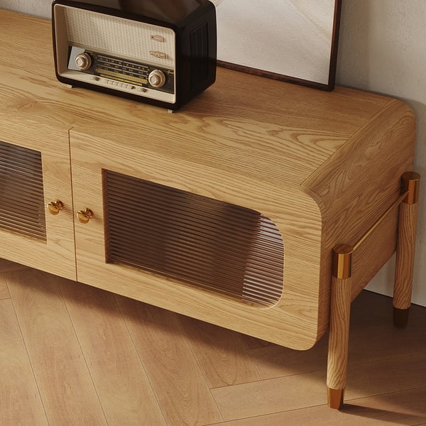 Meuble TV en bois naturel et acrylique de 78 pouces, console multimédia moderne rectangulaire en acier inoxydable