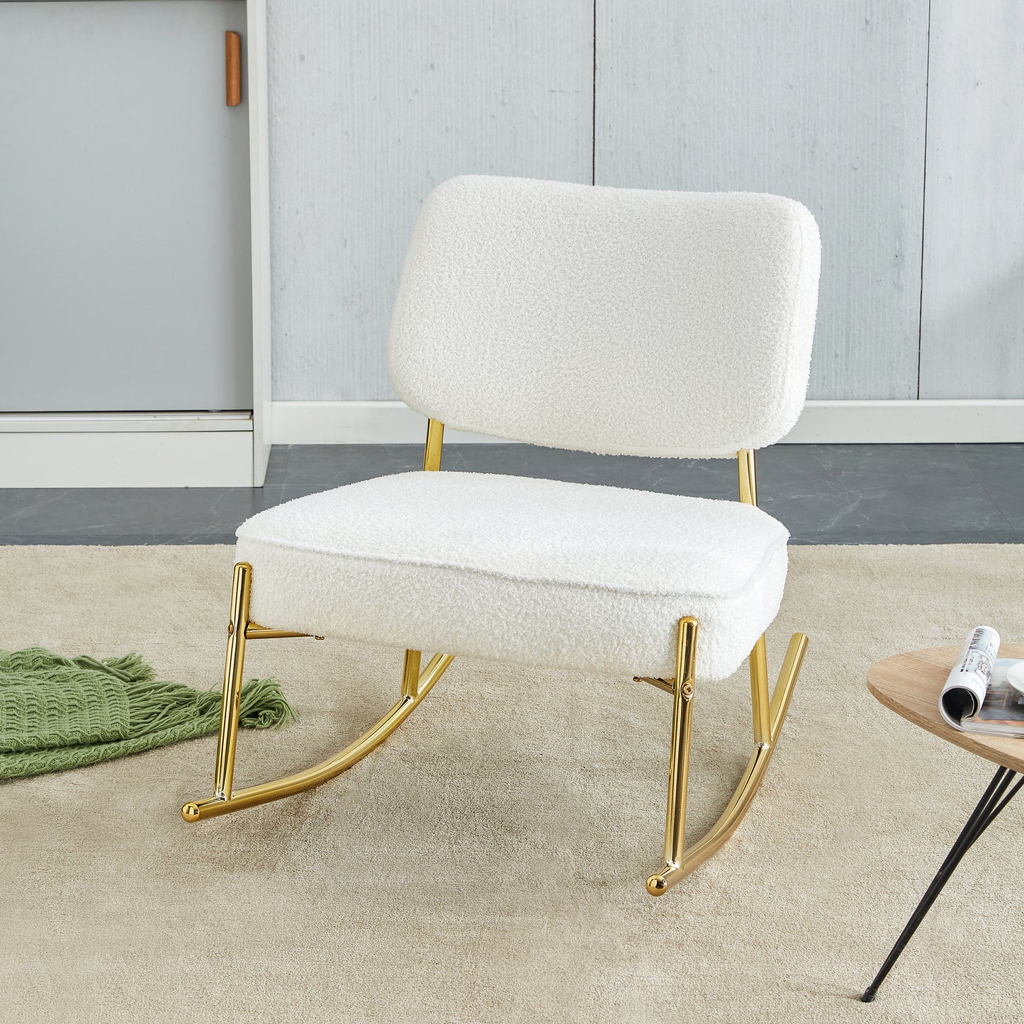 Comfortable Teddy Velvet Rocking Chair with White Backrest & Golden Metal Legs