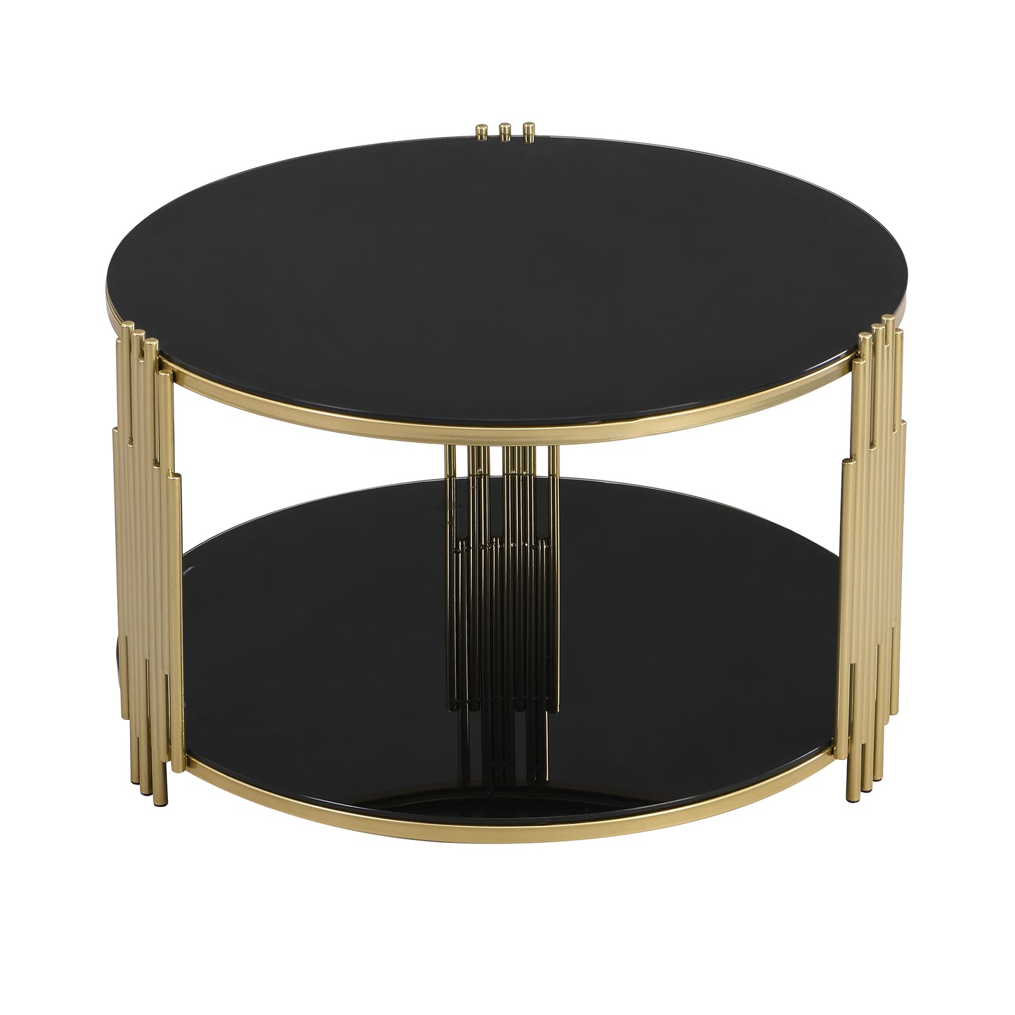 Modern Black Mirror Coffee Table, Asymmetrical Metal, Circular Metal Drum Base, Gold Finish & Lower Shelf