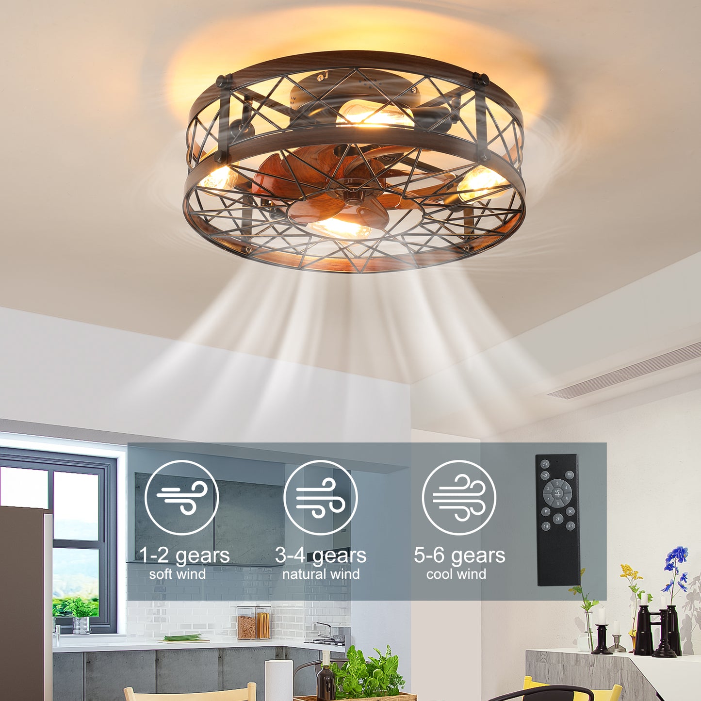 Caged Ceiling Fans with Lights Black, 20 inch Flush Mount Ceiling Fan Light, Farmhouse Small Ceiling Fan with Light Fixture, Reversible Fan for Bedroom, Office, Kitchen (E26 Bulbs Included)