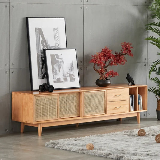 Meuble TV 79" Console multimédia naturelle avec portes, tiroirs et étagère en rotin tissé en grand