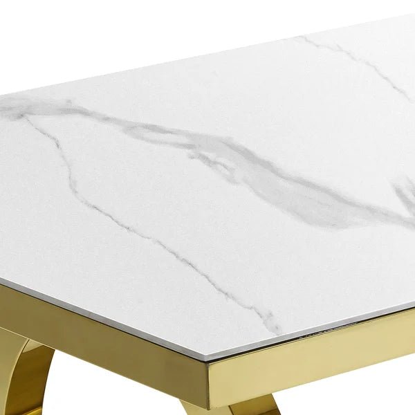 Table de salle à manger rectangulaire blanche contemporaine de 79 po avec plateau en faux marbre et base en acier inoxydable