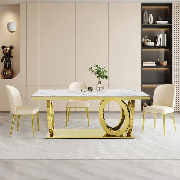 Table de salle à manger rectangulaire blanche contemporaine de 79 po avec plateau en faux marbre et base en acier inoxydable