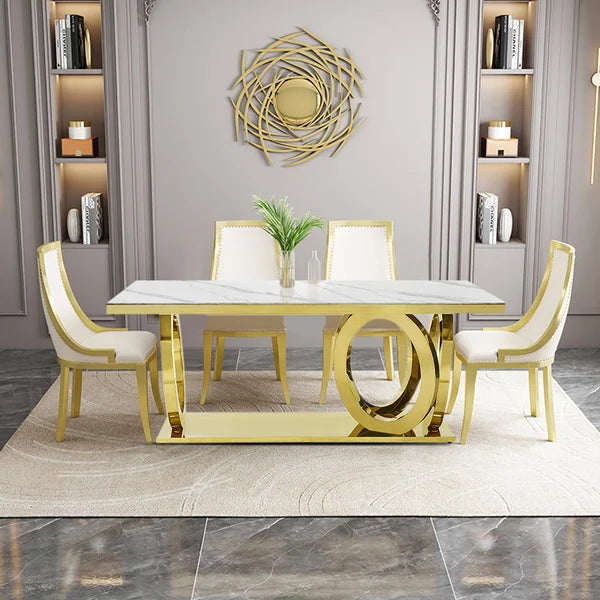 Table de salle à manger rectangulaire blanche contemporaine de 79 po avec plateau en faux marbre et base en acier inoxydable